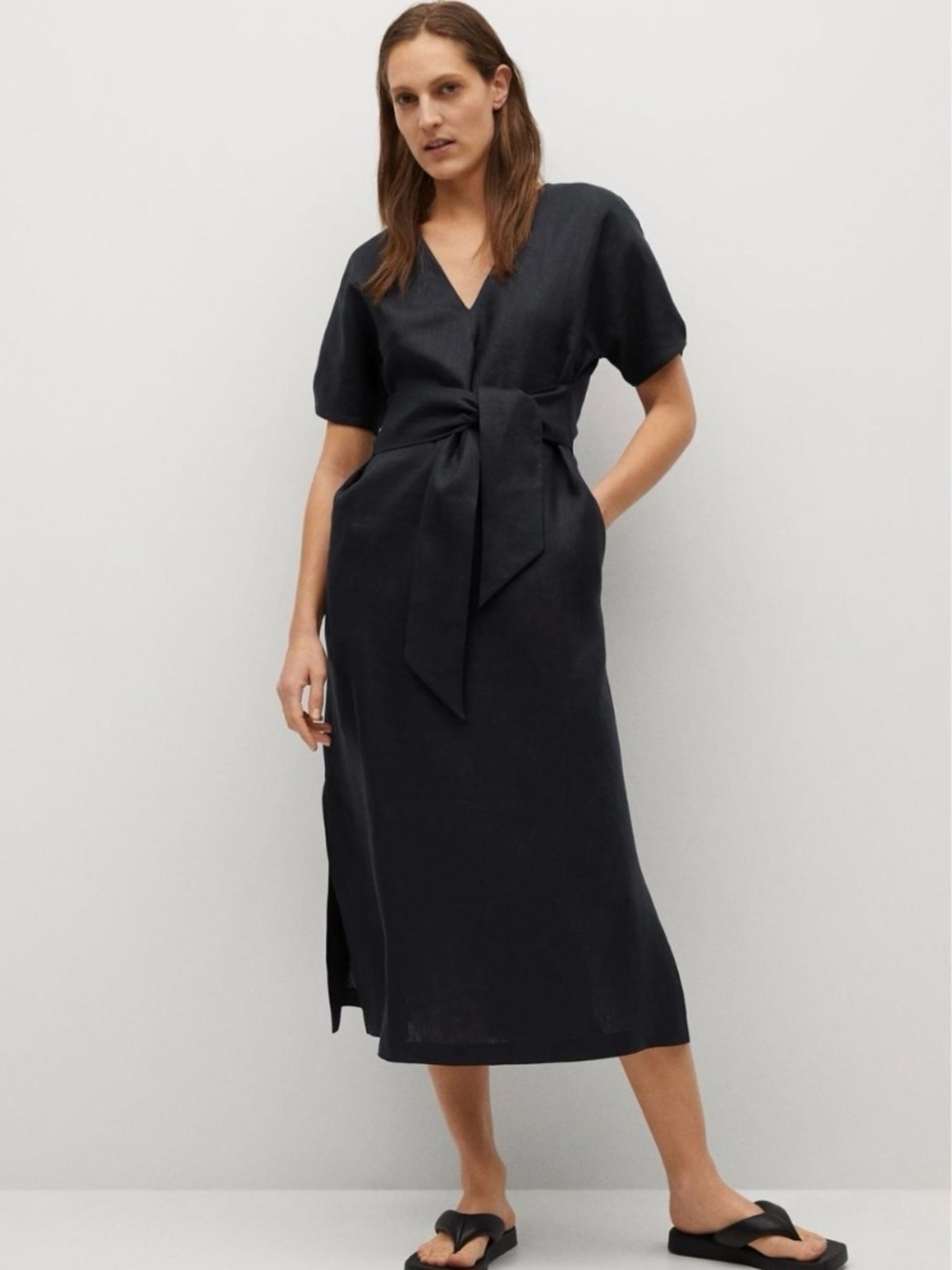 Mango 100% Linen Black A Line Belted Midi Dress size 6